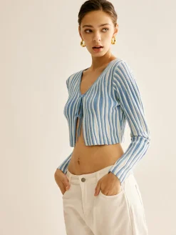 COMMENSE Pinstripe Lace Up Knit Cardigan* Cardigans|Sweaters & Cardigans