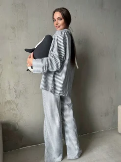 COMMENSE Pinstripe Lapel Long Sleeve Pants Set* Pants Sets|Matching Sets