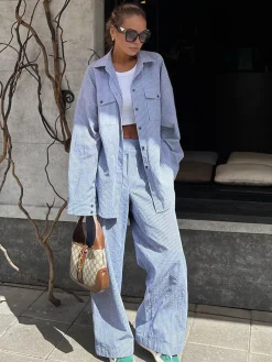 COMMENSE Pinstripe Long Sleeve Pants Set* Pants Sets|Matching Sets