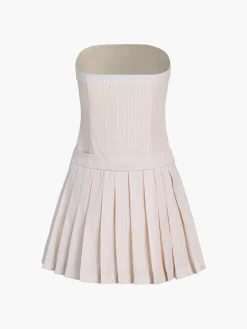 COMMENSE Pinstripe Pleat Tube Short Dress* Casual Dresses|Summer Dresses