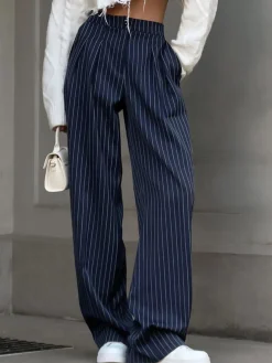 COMMENSE Pinstripe Pleated Wide-Leg Pants* Pants|Bottoms