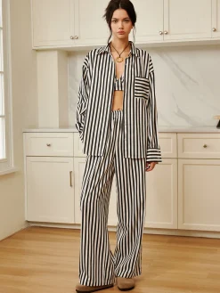 COMMENSE Pinstripe Pocket Three Piece Pants Set* Pants Sets|Long Sleeve Sets