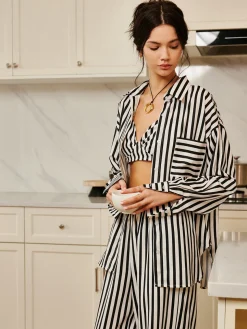 COMMENSE Pinstripe Pocket Three Piece Pants Set* Pants Sets|Long Sleeve Sets