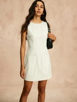 COMMENSE Pinstripe Pockets Zipper Dress* White Dresses|Work Dresses