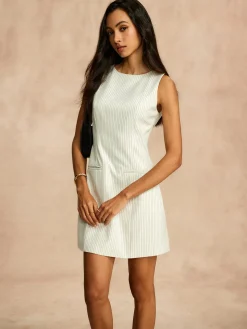 COMMENSE Pinstripe Pockets Zipper Dress* White Dresses|Work Dresses