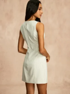 COMMENSE Pinstripe Pockets Zipper Dress* White Dresses|Work Dresses