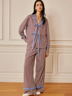COMMENSE Pinstripe Ruffle Bow Pants* Long Sleeve Sets|Pants
