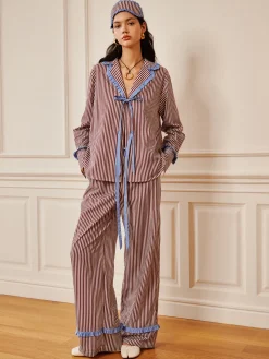 COMMENSE Pinstripe Ruffle Bow Pants* Long Sleeve Sets|Pants