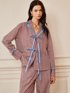 COMMENSE Pinstripe Ruffle Tie Front Shirt* Long Sleeve Sets|Blouses & Shirts