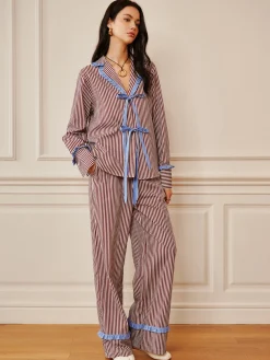 COMMENSE Pinstripe Ruffle Tie Front Shirt* Long Sleeve Sets|Blouses & Shirts