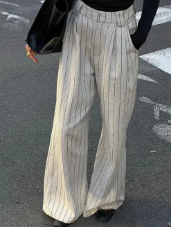COMMENSE Pinstripe Zippered Wide Leg Pants* Wide Leg|Pants