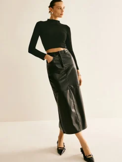 COMMENSE Piping PU Leather A-Line Skirt* Skirts|Bottoms