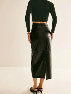 COMMENSE Piping PU Leather A-Line Skirt* Skirts|Bottoms