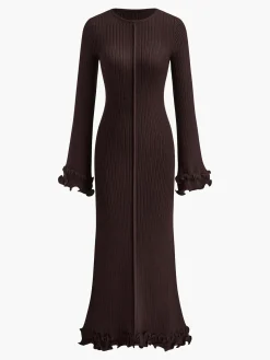COMMENSE Piping Ruffle Drawstring Knit Dress* White Dresses|Black Dresses