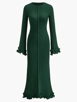 COMMENSE Piping Ruffle Drawstring Knit Dress* White Dresses|Black Dresses