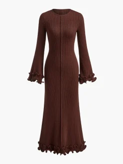 COMMENSE Piping Ruffle Drawstring Knit Dress* White Dresses|Black Dresses