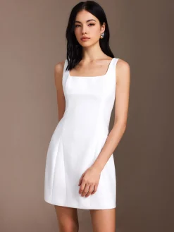 COMMENSE Piping Zipper Solid Short Dress* White Dresses|Work Dresses