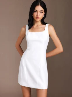 COMMENSE Piping Zipper Solid Short Dress* White Dresses|Work Dresses