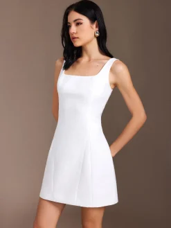 COMMENSE Piping Zipper Solid Short Dress* White Dresses|Work Dresses