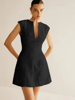COMMENSE Piping Zipper Tweed Short Dress* White Dresses|Black Dresses