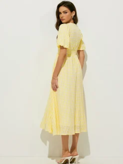 COMMENSE Plaid Pattern Puff Sleeve V-Neck Midi Dress* Cocktail & Party Dresses|Vacation Dresses