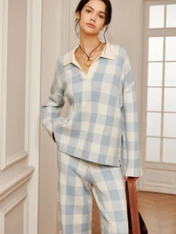 COMMENSE Plaid Polo Collar Sweater Co-ords* Sweater Tops|Long Sleeve Sets