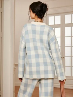 COMMENSE Plaid Polo Collar Sweater Co-ords* Sweater Tops|Long Sleeve Sets
