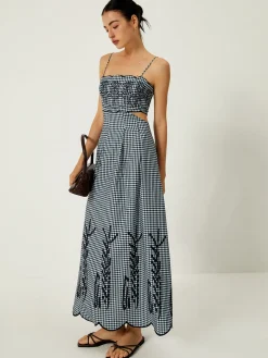 COMMENSE Plaid Print Embroidered Cutout Cami Long Dress* Work Dresses|Cocktail & Party Dresses
