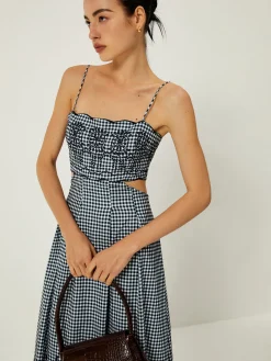 COMMENSE Plaid Print Embroidered Cutout Cami Long Dress* Work Dresses|Cocktail & Party Dresses