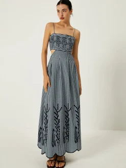 COMMENSE Plaid Print Embroidered Cutout Cami Long Dress* Work Dresses|Cocktail & Party Dresses