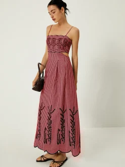 COMMENSE Plaid Print Embroidered Cutout Cami Long Dress* Work Dresses|Cocktail & Party Dresses