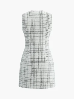 COMMENSE Plaid Print Pearl Button Sleeveless Short Dress* White Dresses|Casual Dresses