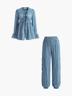 COMMENSE Plaid Ruffle Elastic Waist Pants Set* Pants Sets|Matching Sets