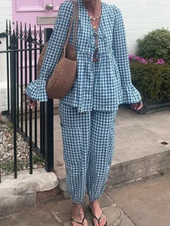 COMMENSE Plaid Ruffle Elastic Waist Pants Set* Pants Sets|Matching Sets
