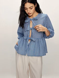 COMMENSE Plaid Tie Front Half Sleeve Blouse* Blouses & Shirts|Tops