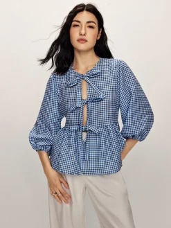 COMMENSE Plaid Tie Front Half Sleeve Blouse* Blouses & Shirts|Tops