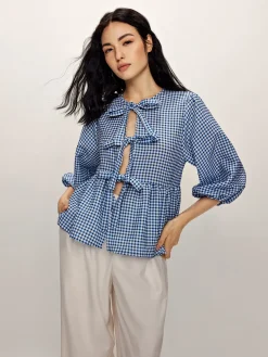 COMMENSE Plaid Tie Front Half Sleeve Blouse* Blouses & Shirts|Tops