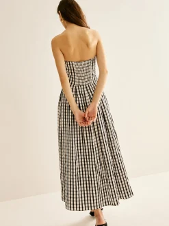COMMENSE Plaid Tube Long Dress* White Dresses|Casual Dresses