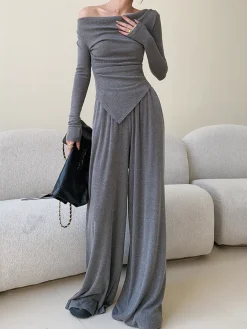 COMMENSE Plain Asymmetrical Draped Pants Set* Pants Sets|Matching Sets