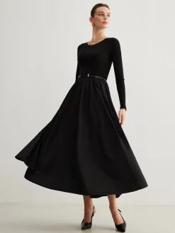 COMMENSE Plain Belted Pleated Panel Dress* Black Dresses|Casual Dresses