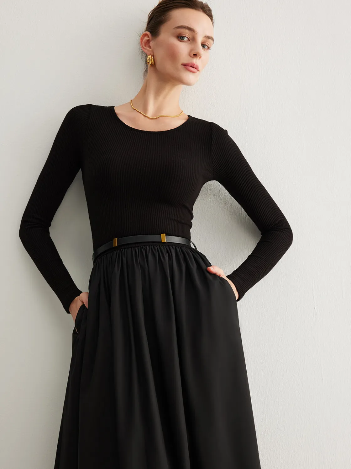 COMMENSE Plain Belted Pleated Panel Dress* Black Dresses|Casual Dresses