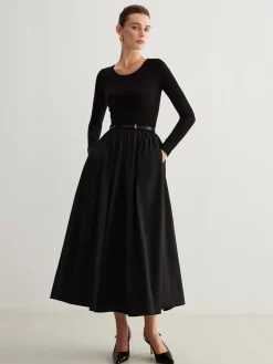 COMMENSE Plain Belted Pleated Panel Dress* Black Dresses|Casual Dresses