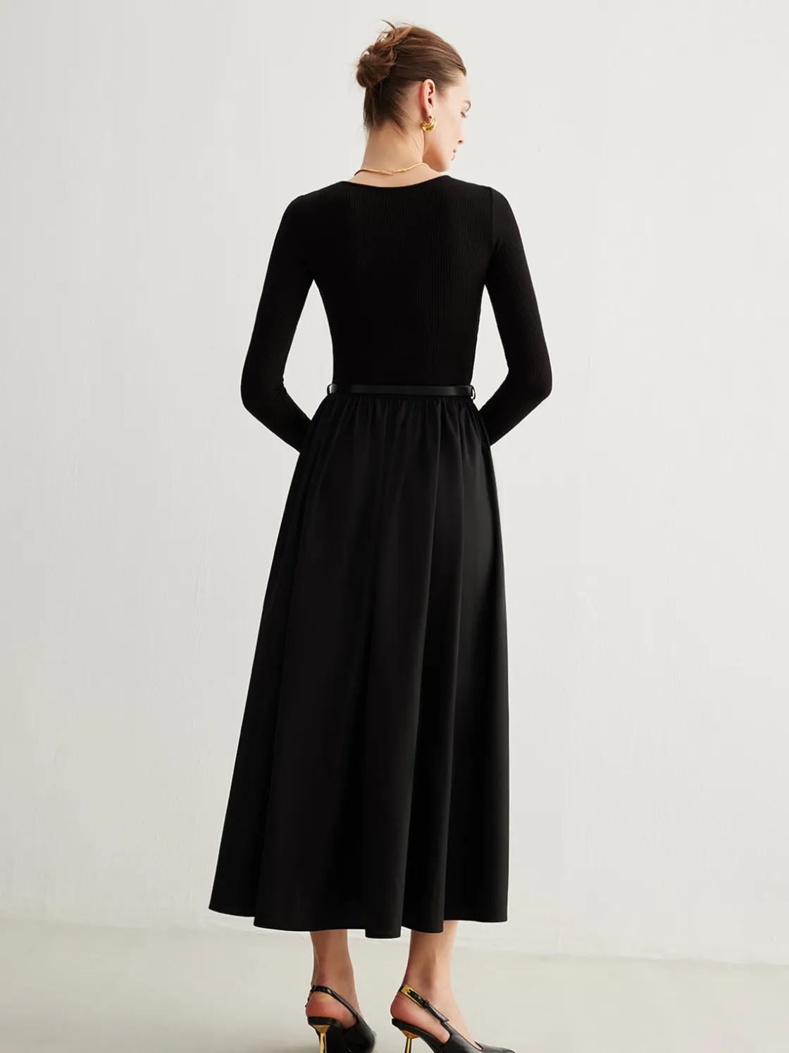COMMENSE Plain Belted Pleated Panel Dress* Black Dresses|Casual Dresses