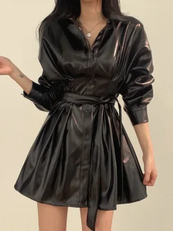 COMMENSE Plain Belted PU Leather Dress* Black Dresses|Casual Dresses