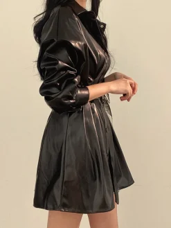 COMMENSE Plain Belted PU Leather Dress* Black Dresses|Casual Dresses