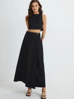 COMMENSE Plain Button Detail Top With Split Maxi Skirt Set* Skirt Sets|Long Sleeve Sets