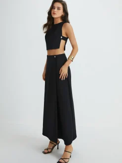 COMMENSE Plain Button Detail Top With Split Maxi Skirt Set* Skirt Sets|Long Sleeve Sets
