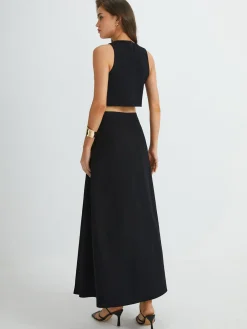 COMMENSE Plain Button Detail Top With Split Maxi Skirt Set* Skirt Sets|Long Sleeve Sets