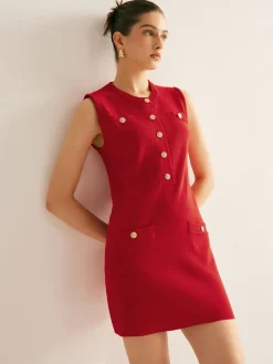 COMMENSE Plain Button Down Sleeveless Sweater Dress* Sweater Dresses|Work Dresses