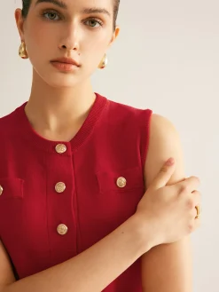 COMMENSE Plain Button Down Sleeveless Sweater Dress* Sweater Dresses|Work Dresses